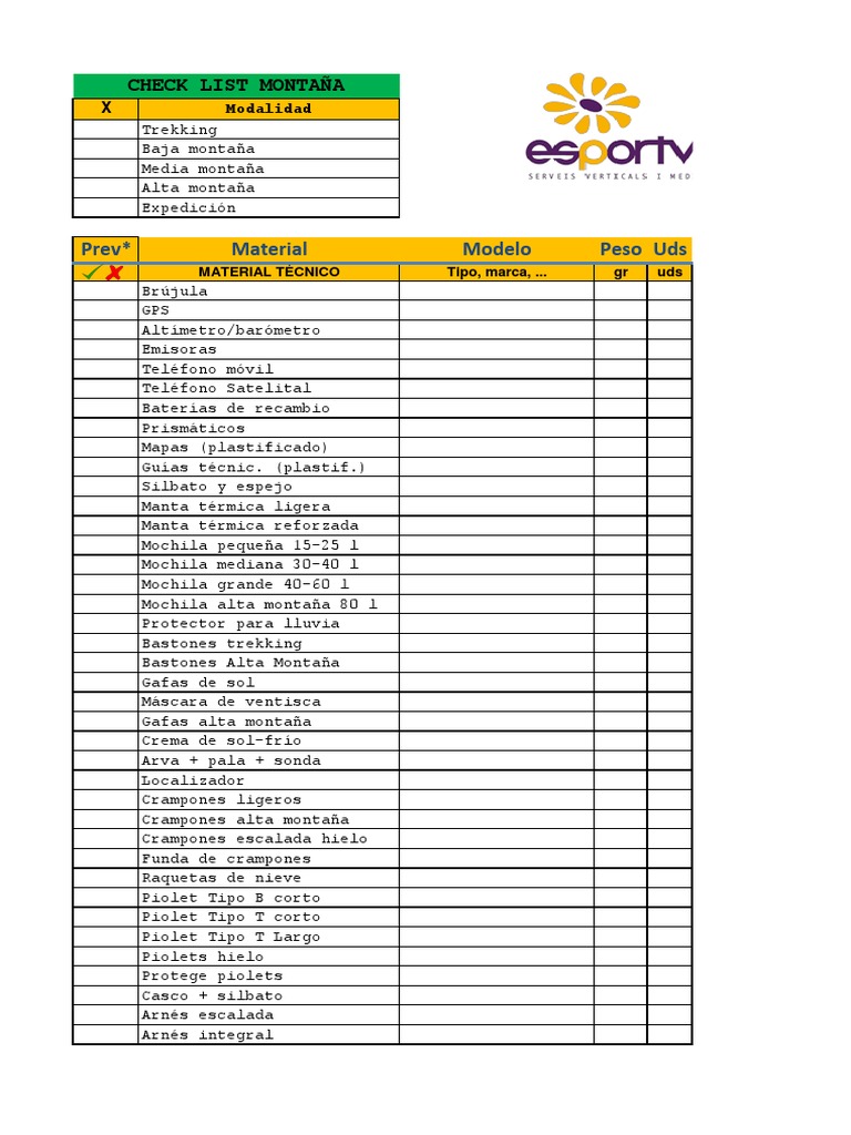 Check List Montaña | Descargar gratis PDF | Equipo | Bienes manufacturados
