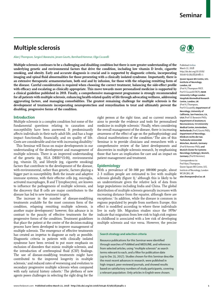 Multiple Sclerosis Lancet 2018 Multiple Sclerosis Myelin