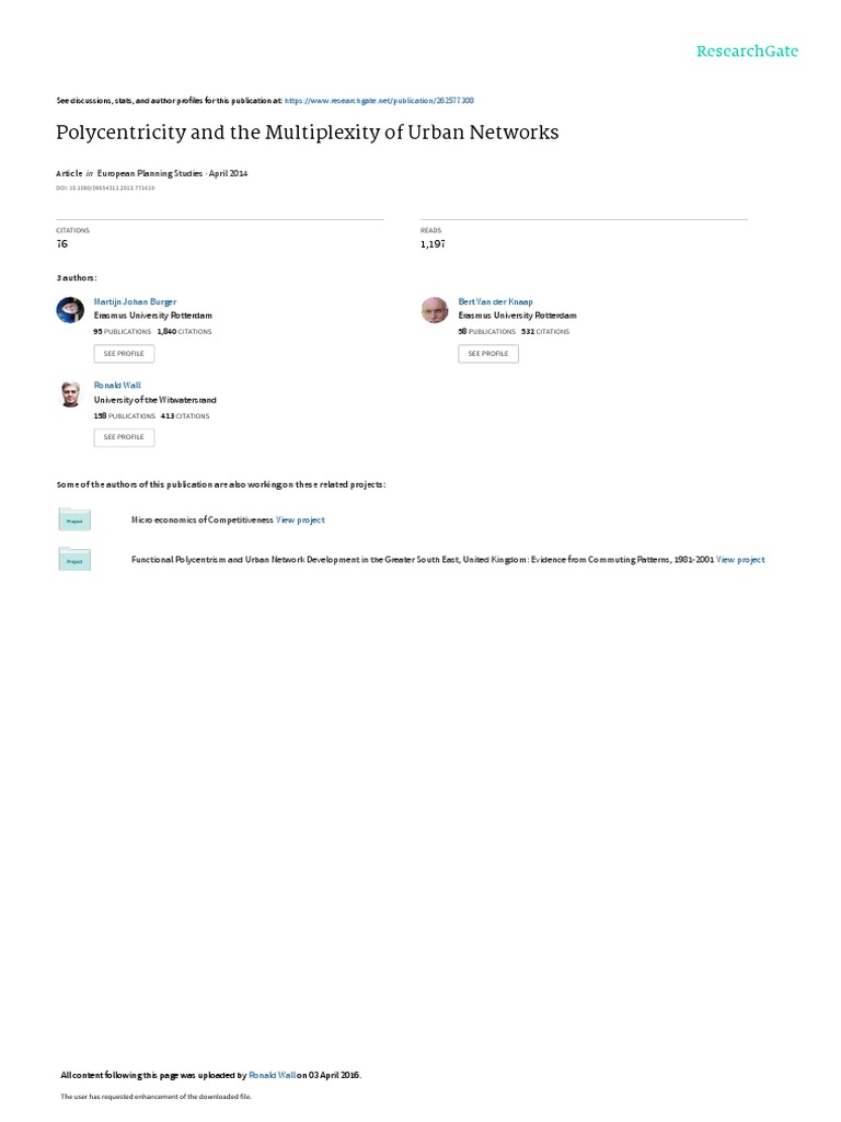 Polycentricity and The Multiplexity of Urban Networks European