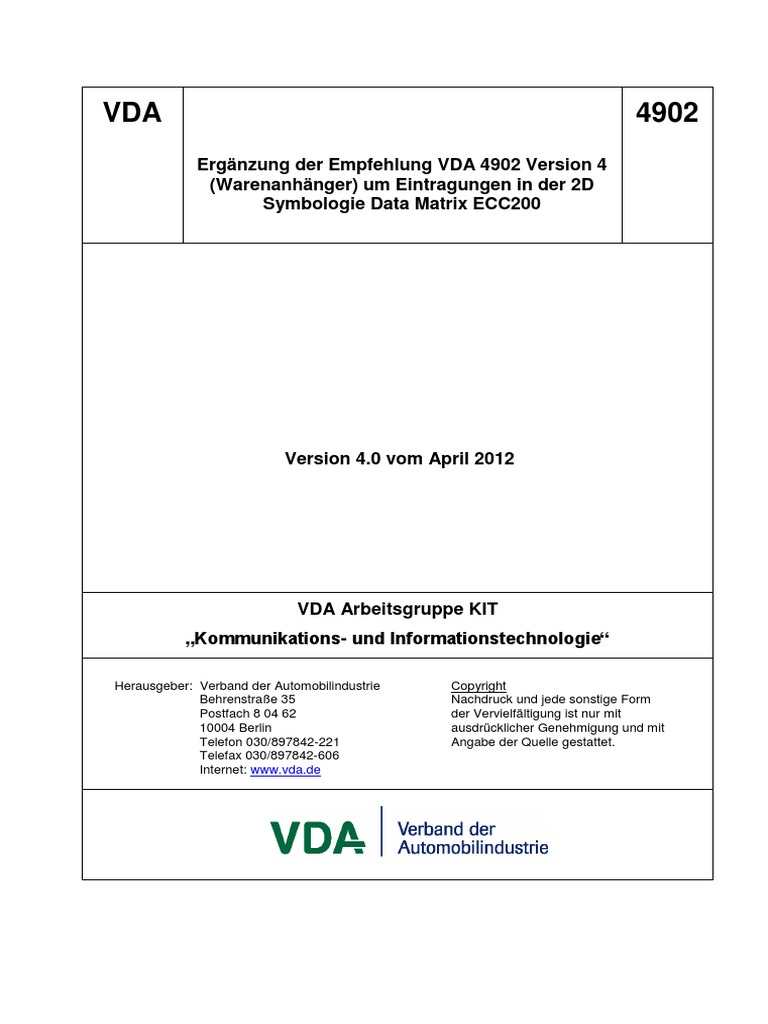Ergänzung Der Empfehlung VDA 4902 Version 2012 | PDF