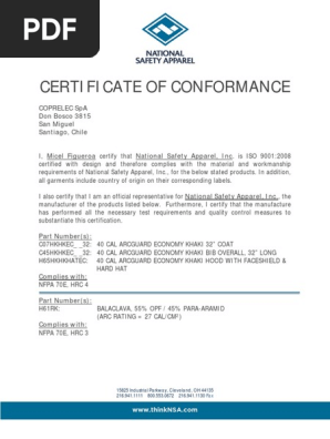 40 Cal ArcGuard Economy Certificate of Conformance 