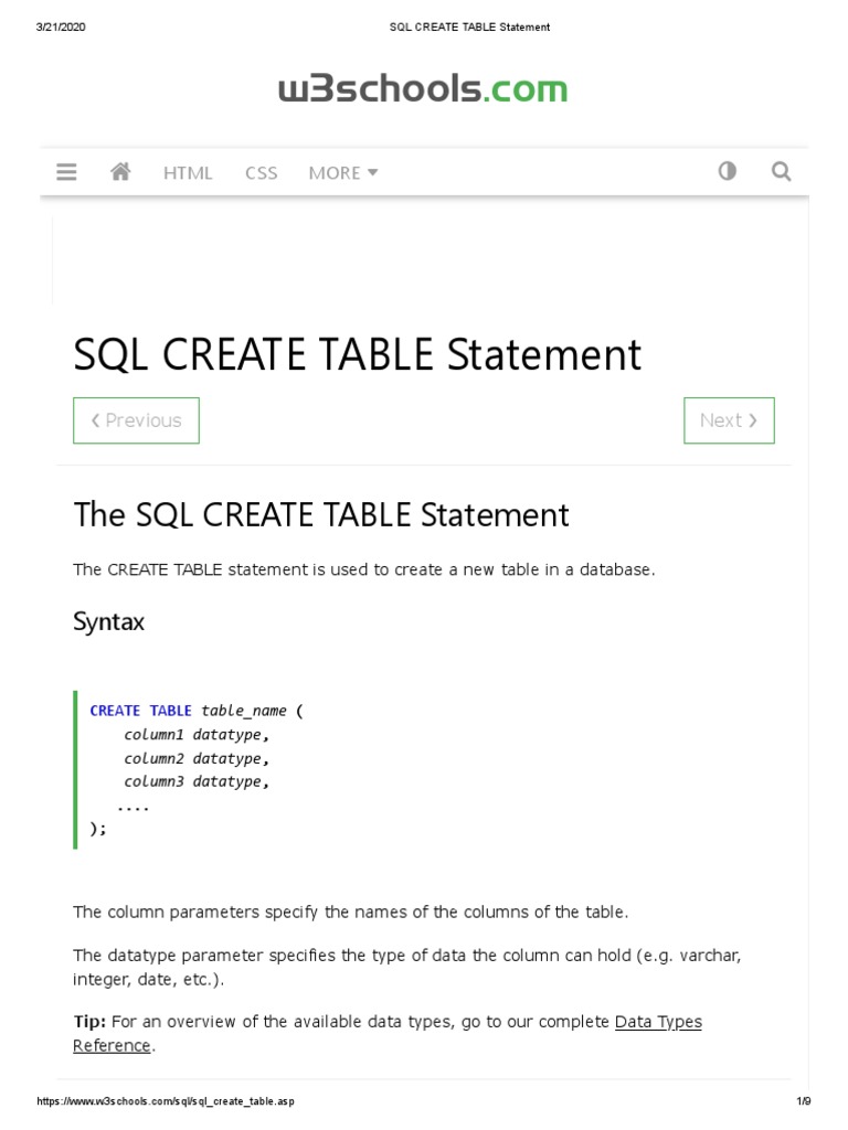 Create Table Mysql W3schools