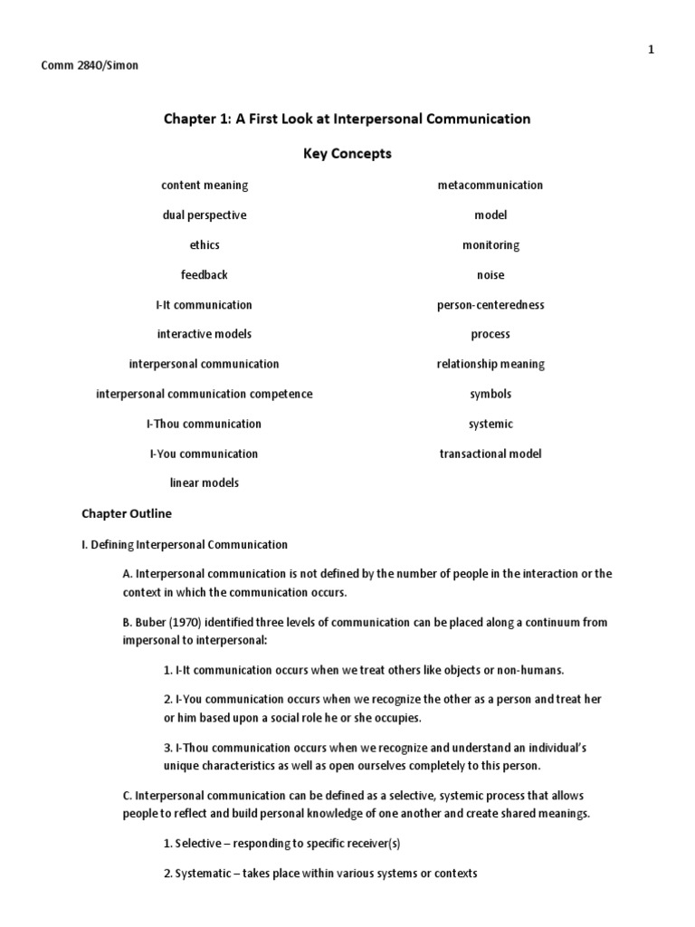 Chapter 1 A First Look At Interpersonal Communication Key Concepts
