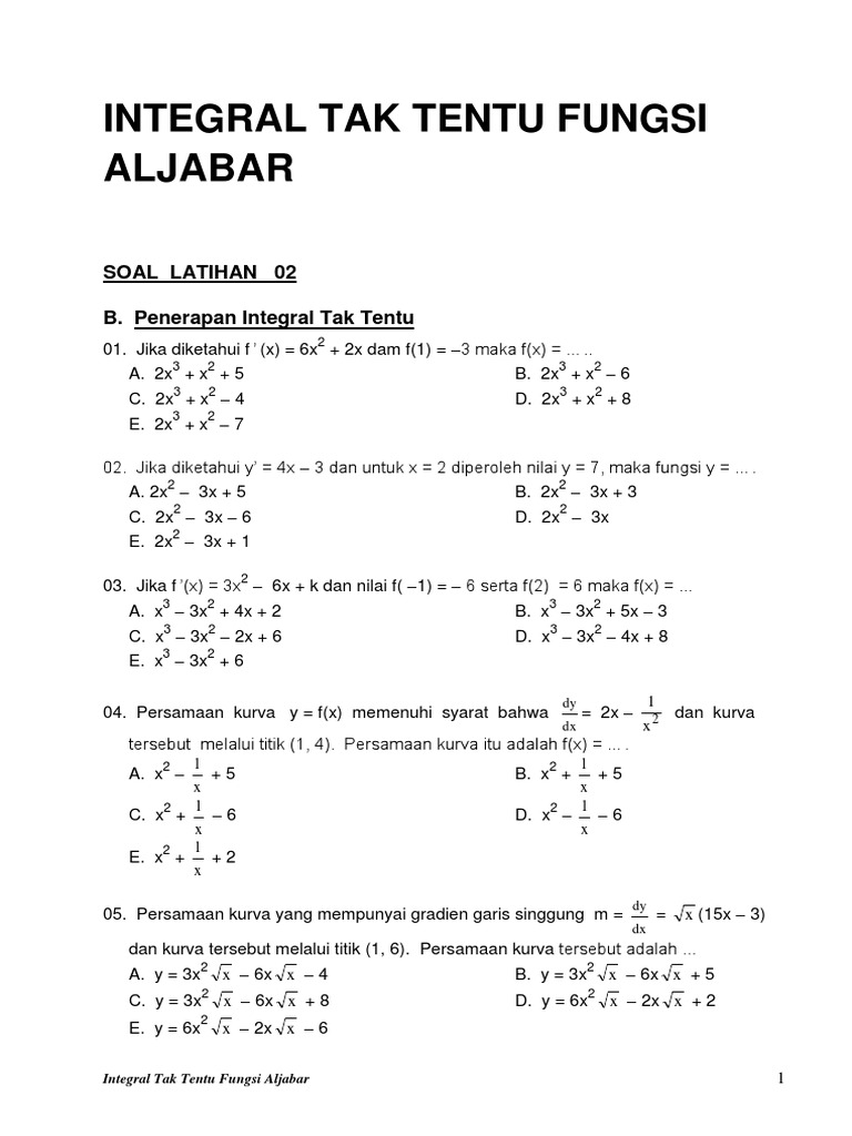 2 Latihan Penerapan Integral Tak Tentu