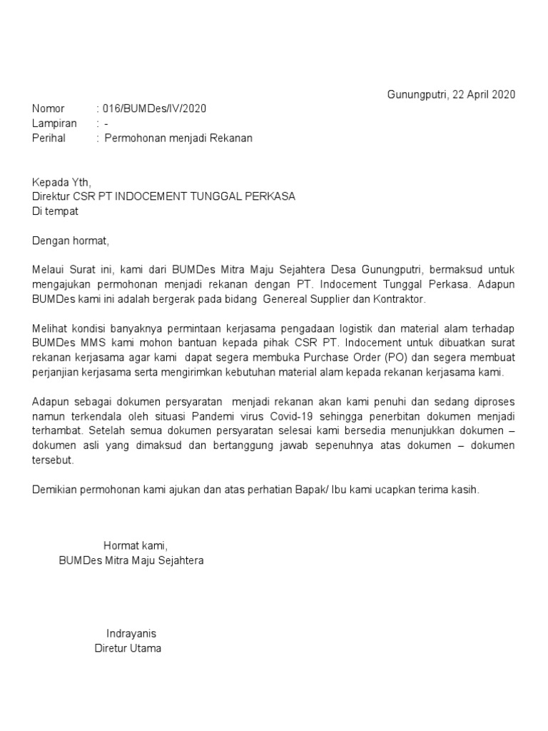 Contoh Surat Permohonan Rekanan Perusahaan Distributor