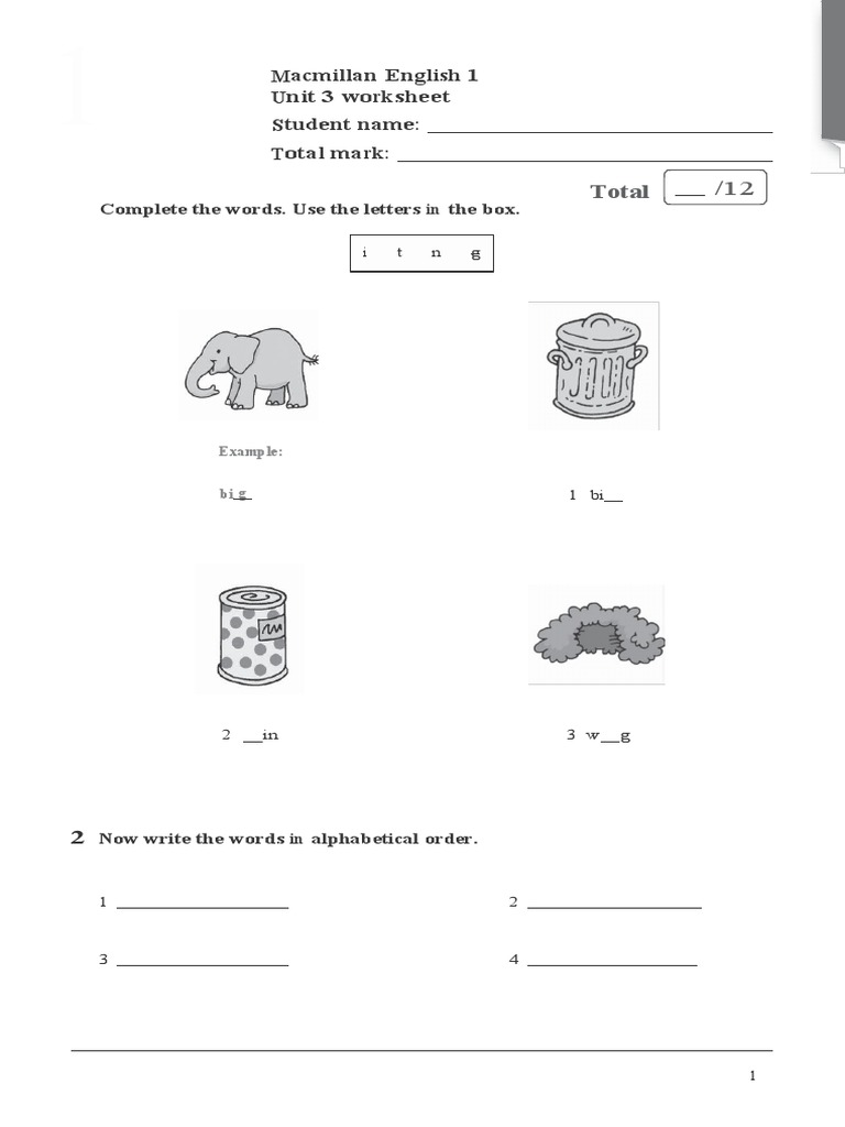 Total /12 M U S T Acmillan English 1 Nit 3 Worksheet Tudent Name Otal