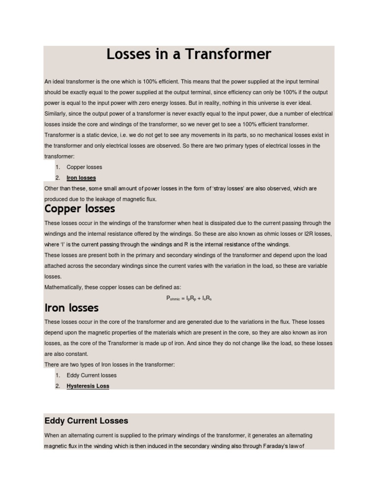 Types of Losses in Transformers | PDF | Electromagnetic Induction ...