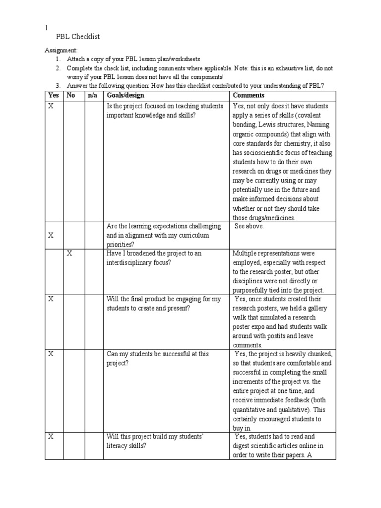 1 PBL Checklist: Yes No N/a Goals/design Comments | PDF | Project Based ...