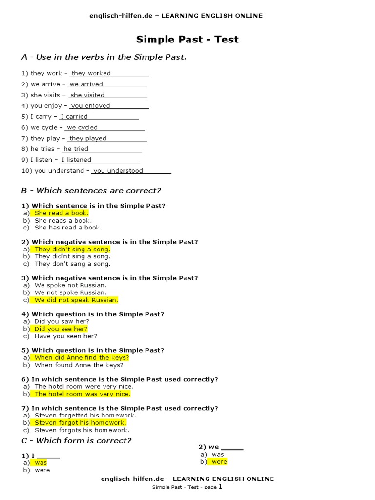 Simple Past Test A Use In The Verbs In The Simple Past Question Linguistics