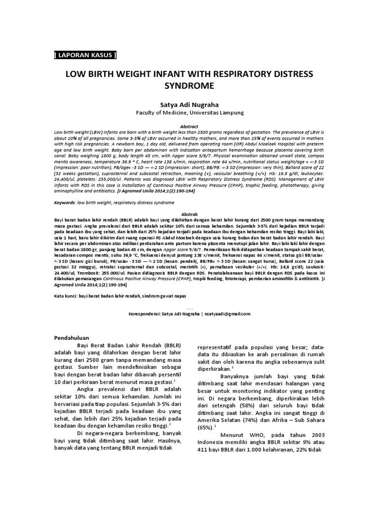 Low Birth Weight Infant With Respiratory Distress Syndrome: (Laporan ...