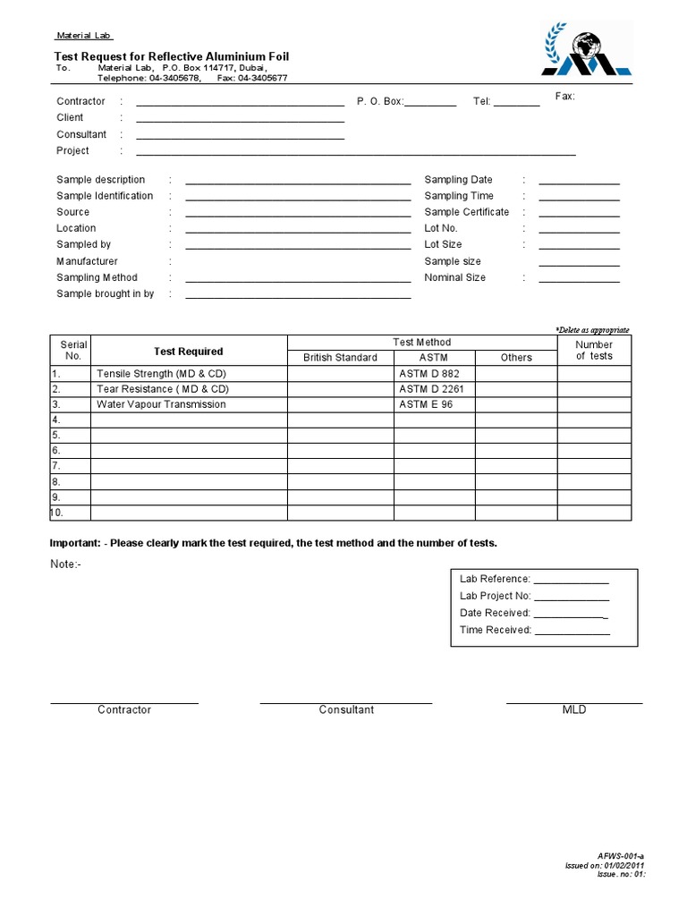 Aluminium Foil Test Request Form | PDF | Building Materials | Civil ...