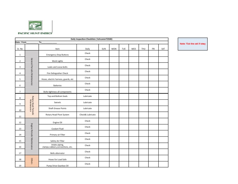 Daily Inspection Checklist for Schramm T250X | PDF | Mechanical ...