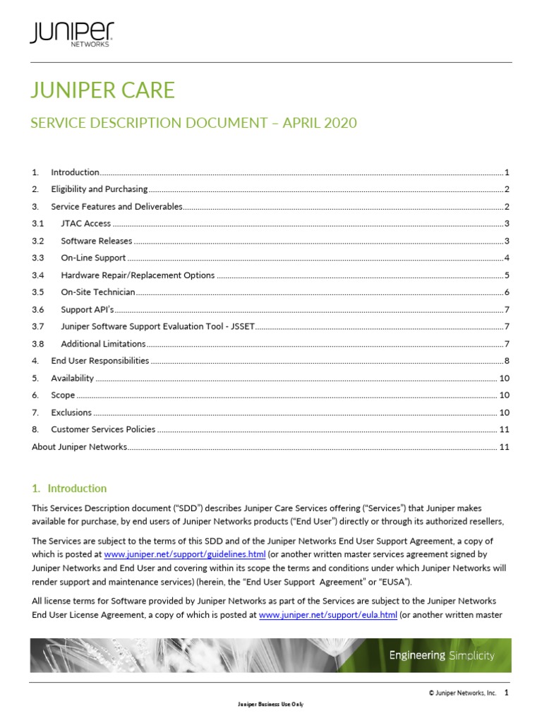 Juniper Care: Service Description Document - April 2020 | PDF | Juniper