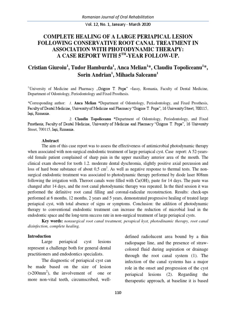 Complete Healing Of A Large Periapical Lesion Following Conservative Root Canal Treatment In Association With Photodynamic Therapy Dentistry Periodontology