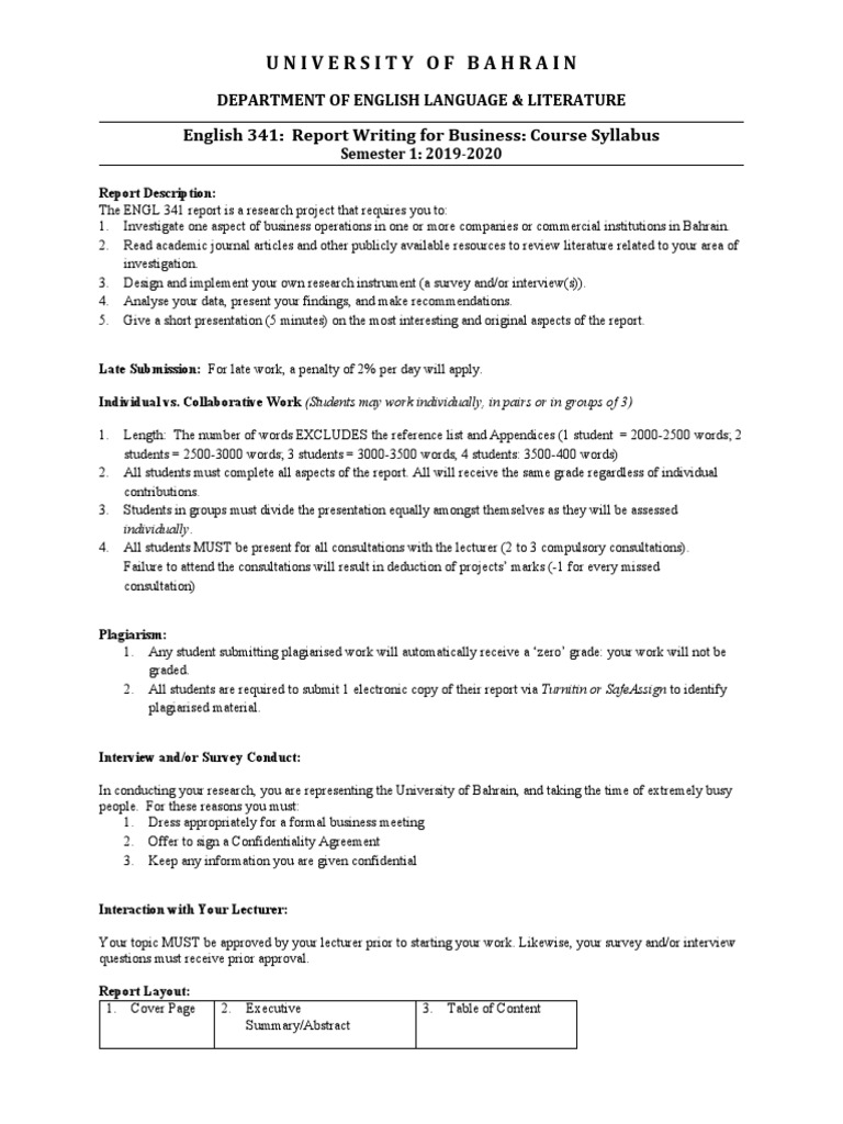 ENGL 341 Business Report Syllabus | PDF | Plagiarism | Communication