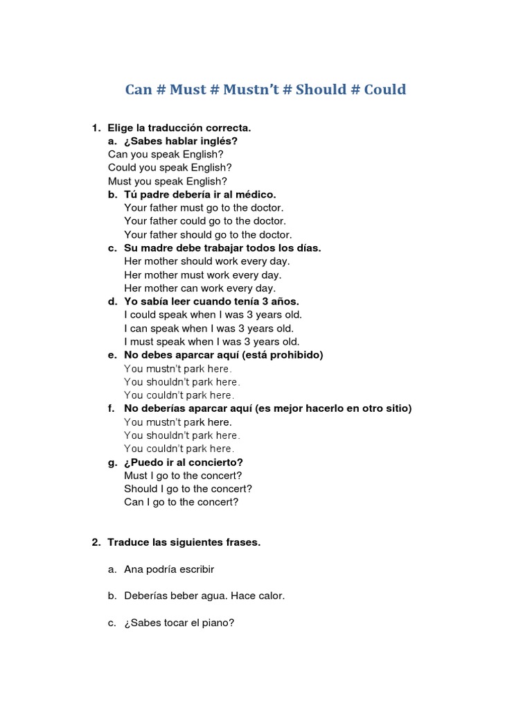 Ejercicios de verbos modales en inglés | PDF | Artes del Lenguaje y ...
