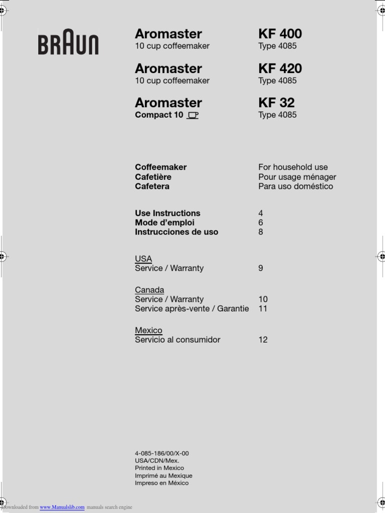 Braun KF 400 Coffee Maker Manual | PDF | Ac Power Plugs And Sockets |  Manufactured Goods