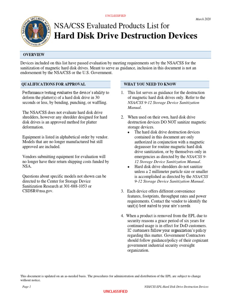 Hard Disk Drive Destruction Devices NSA/CSS Evaluated Products List