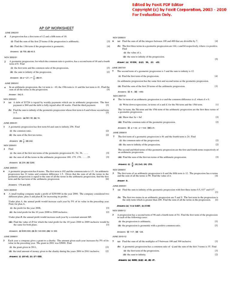 Analysis Of Arithmetic And Geometric Progressions From Ap Worksheets