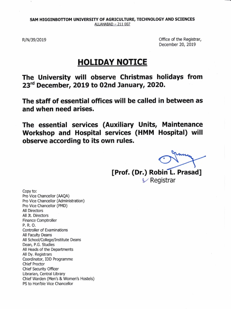 Christmas Holiday Notice 2019-2020 | PDF