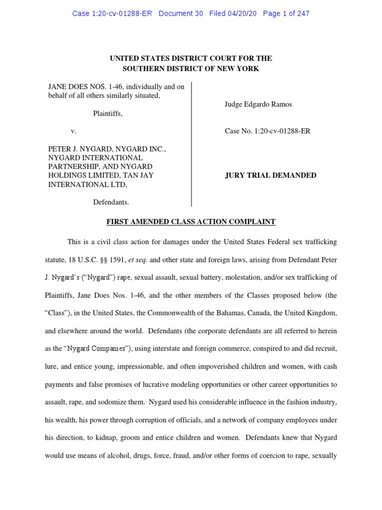 First Amended Class Action Complaint Against Peter Nygard PDF Sexual Assault Rape