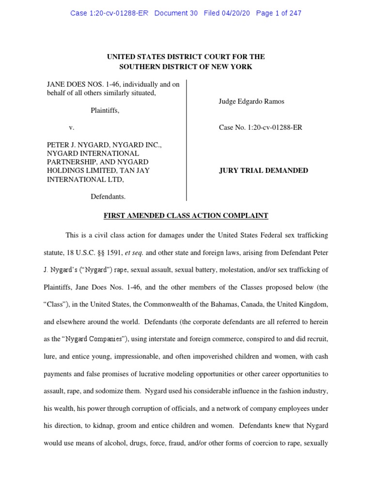 Marian Revera Sex - First Amended Class Action Complaint Against Peter Nygard | PDF | Sexual  Assault | Rape