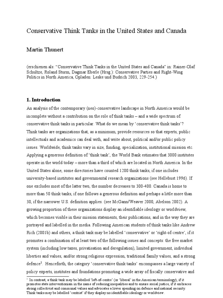 Conservative Think Tanks in the United States and Canada Think Tank