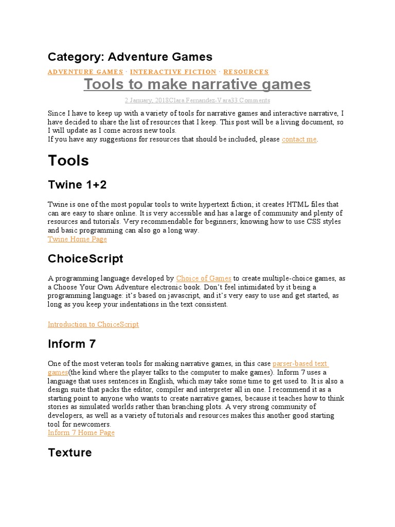 Tools For Game Narration PDF Unity (Game Engine) Computing