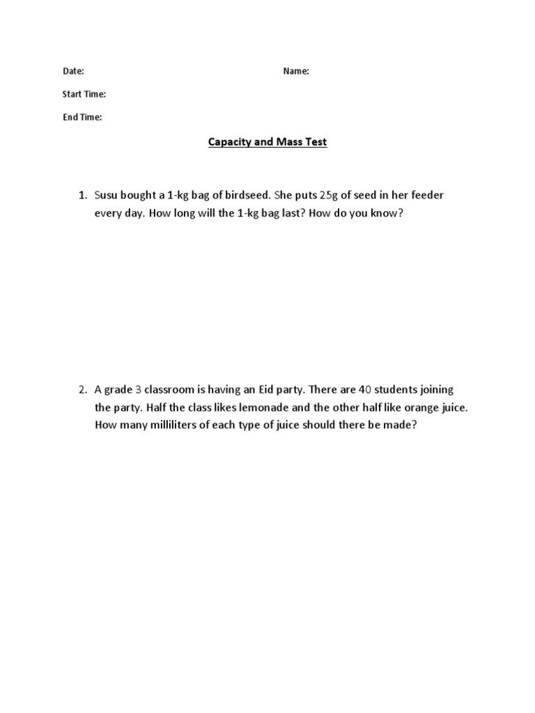 Mass and Capacity Test Questions | PDF | Wellness
