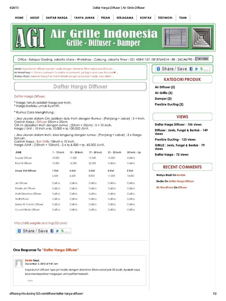 Daftar Harga Diffuser - Air Grille Diffuser | PDF