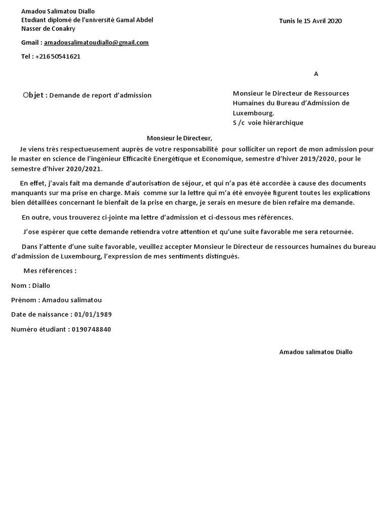 Modèle De Lettre De Demande De Report D admission Pdf Lettre de Motivation | PDF