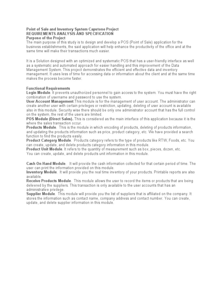 Point of Sale and Inventory System Capstone Project PDF Point Of