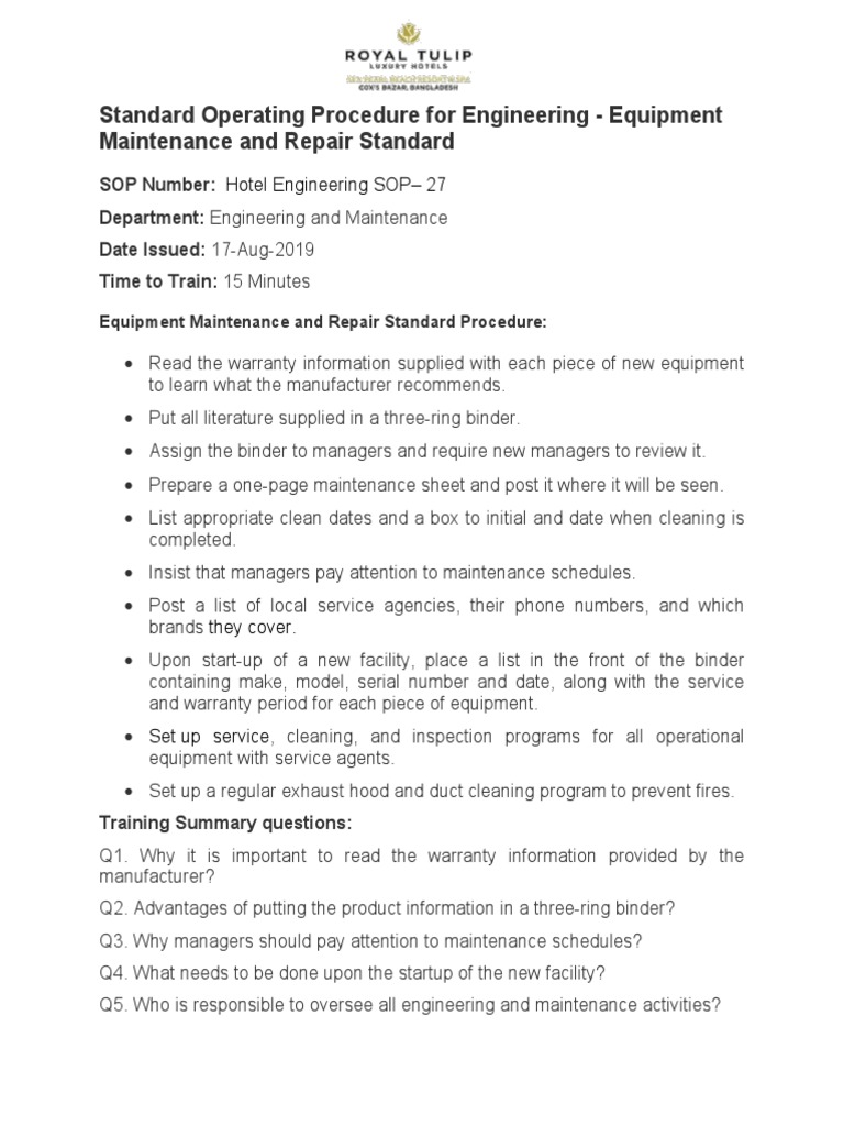 Standard Operating Procedure For Engineering 01 | PDF