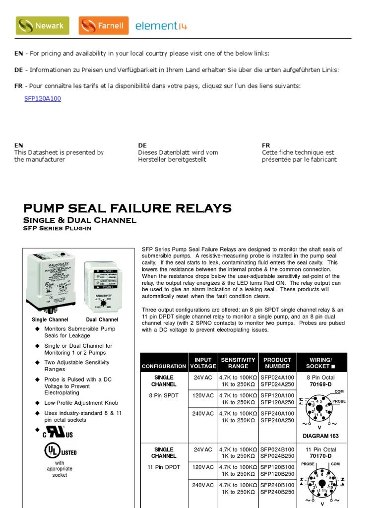Pump Seal Failure Relays Datasheet PDF Mains Electricity