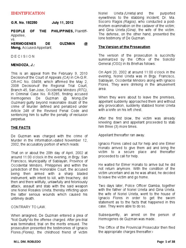 Identification G.R. No. 192250 July 11, 2012 People of The Philippines