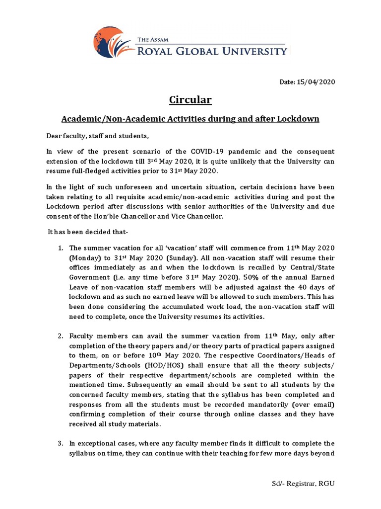 Circular: Academic/Non-Academic Activities During and After Lockdown ...