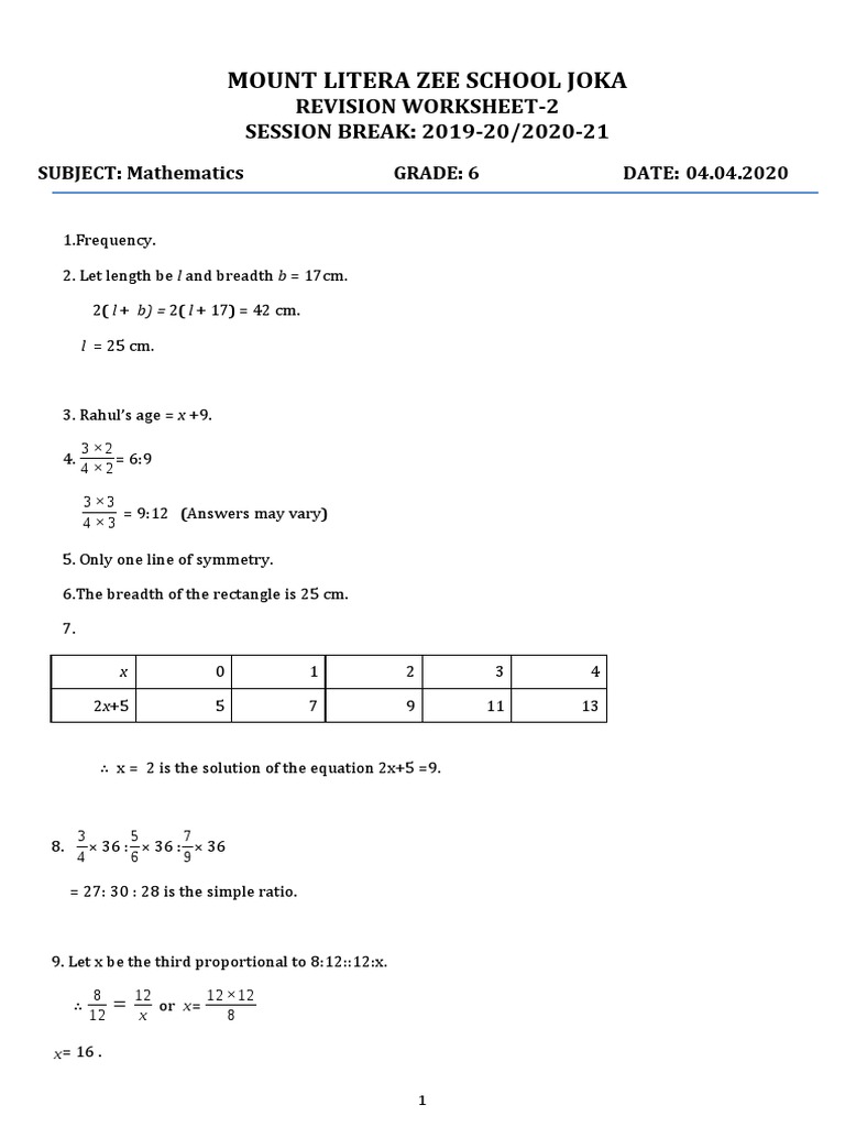 Class 6 Mathematics Revision Worksheet | PDF