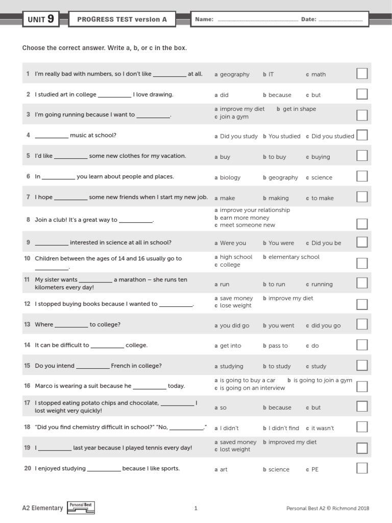 Progress Test Version A: Choose The Correct Answer. Write A, B, or C in ...