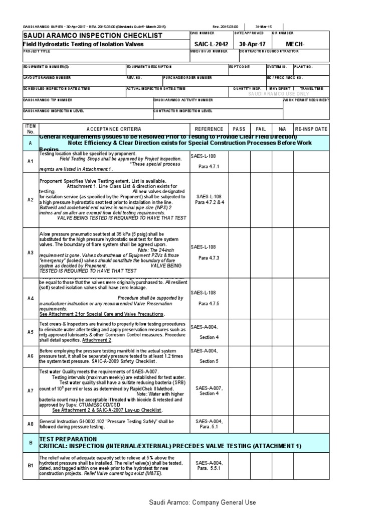 Aramco Valve Hydrostatic Testing Checklist | PDF | Valve | Pipe (Fluid ...