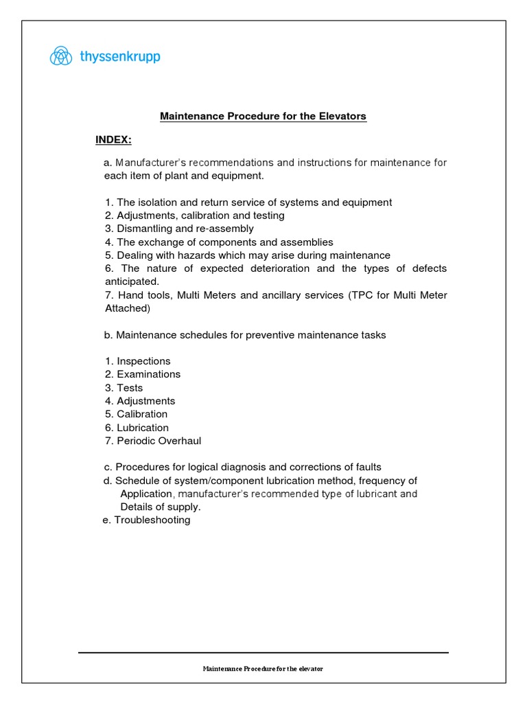 Maintenance Procedure Elevator 2 Pdf Safety Engineering