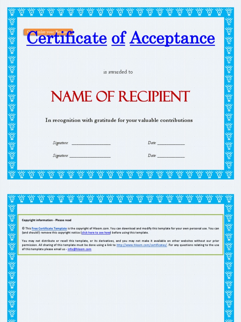 Generic Certificate Acceptance (22) Converti Regarding Certificate Of Acceptance Template