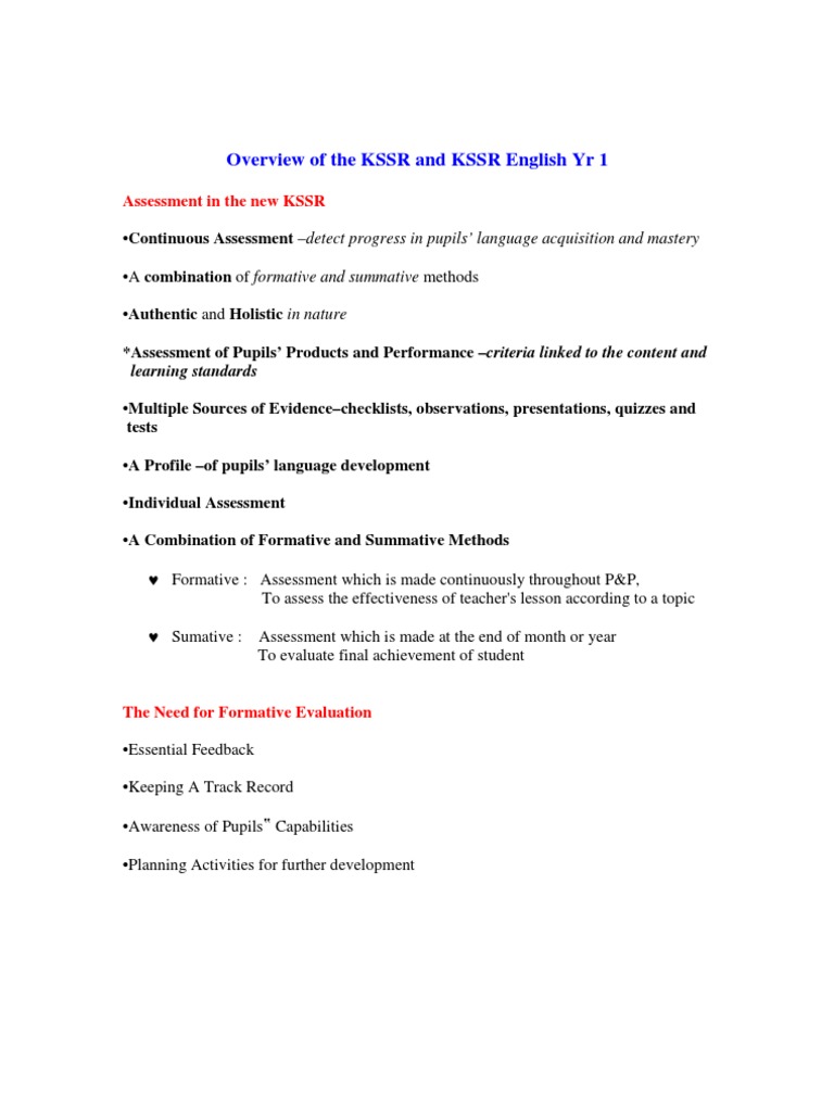 KSSR English Year 1 Overview | PDF | Educational Assessment | Applied ...