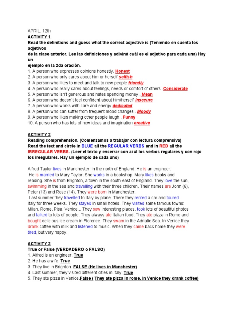 Adjective and Verb Activities for ESL | PDF | Language Arts & Discipline