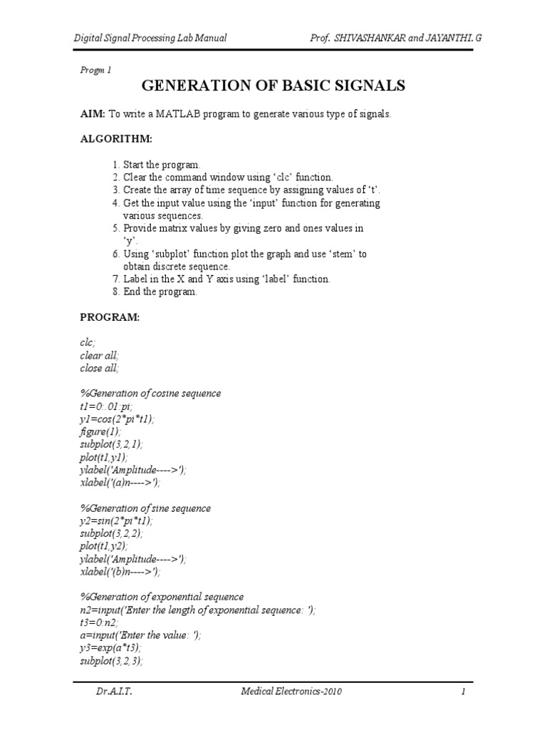 Generation of Basic Signals: AIM: To Write A MATLAB Program To Generate ...