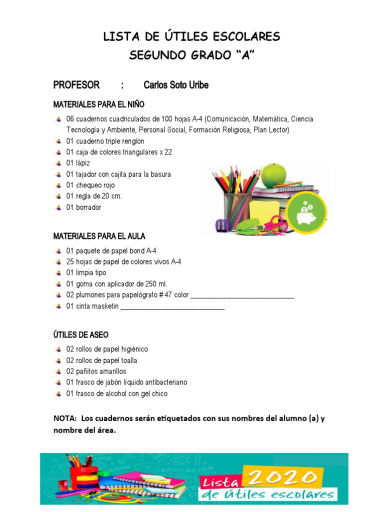 Lista de Útiles Escolares 2do Grado A | PDF