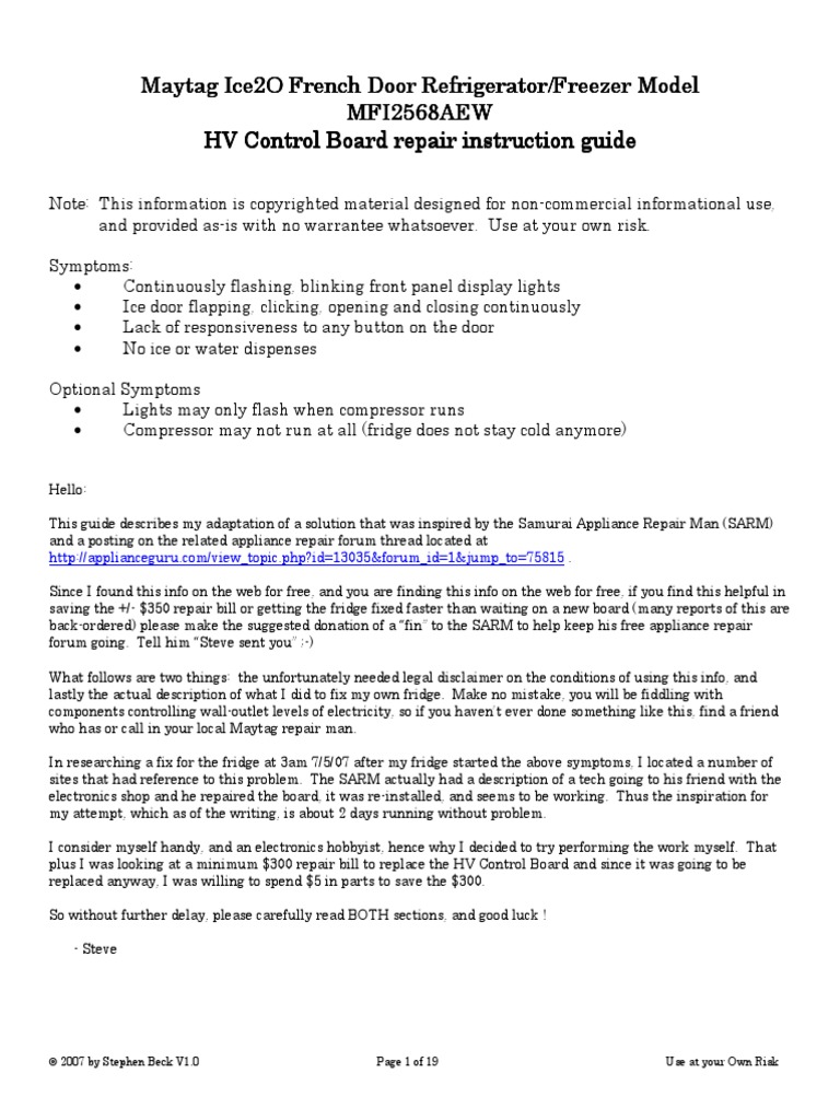 Maytag Fridge Fix For Flashing Lights V1.0 PDF Power Supply Capacitor
