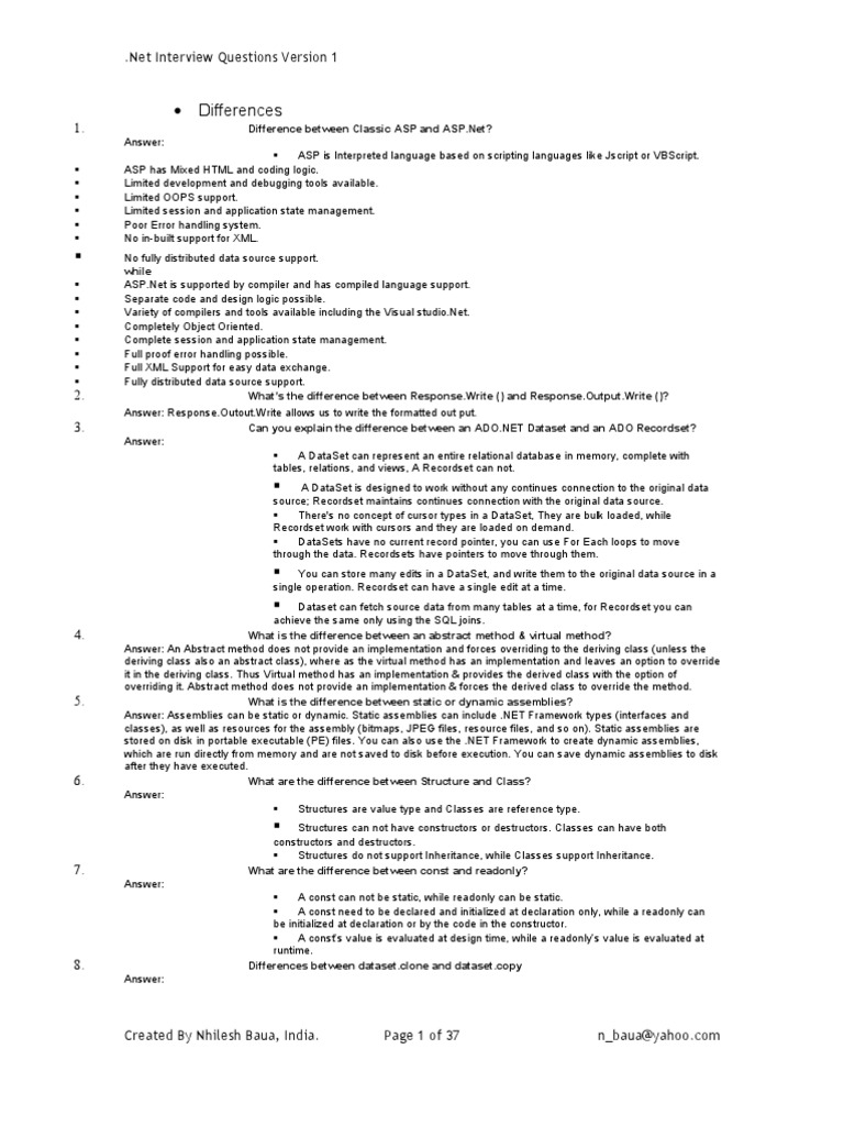 NET Interview Questions | PDF | Class (Computer Programming) | Method ...