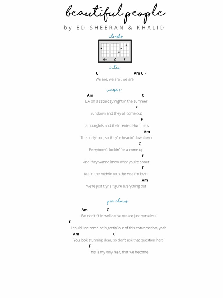 Beautiful People By Ed Sheeran Ft Khalid Ukulele Chords And Lyrics Pdf