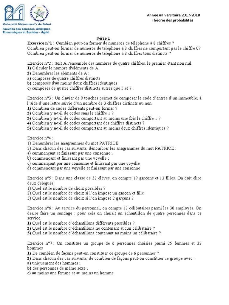 Exercice Probabilité Brevet Avec Corrigé Pdf Serie 1 Et 2 | PDF | Probabilité | Théorie des probabilités