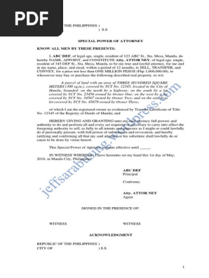 Affidavit - Special Power of Attorney to Sell a Parcel of Land